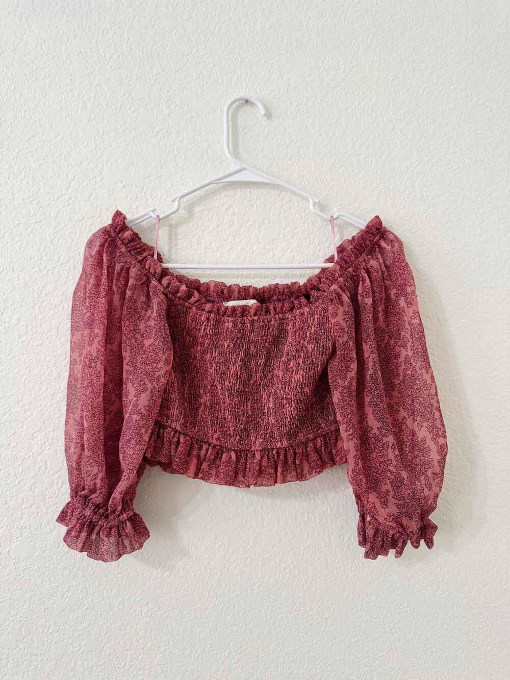 O. Vianca Pink Floral Smocked Puff Sleeve Crop Top Size Small